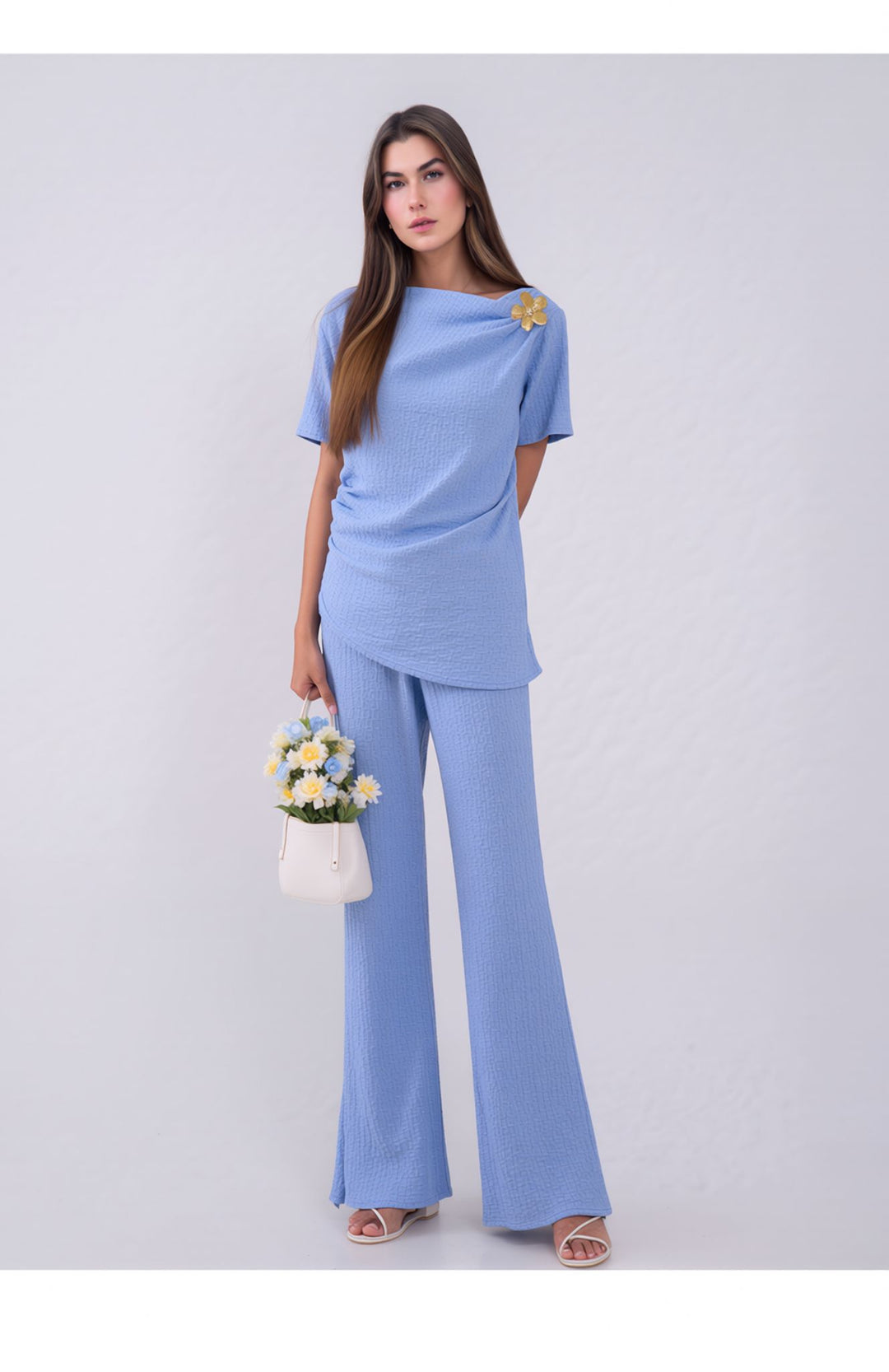 Blue Elegant Draped Co-Ord Set Wide Leg Trouser & Occasion Top Outfit