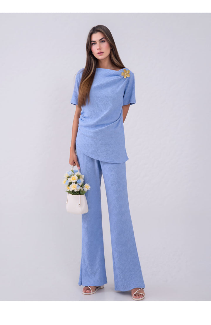 Blue Elegant Draped Co-Ord Set Wide Leg Trouser & Occasion Top Outfit