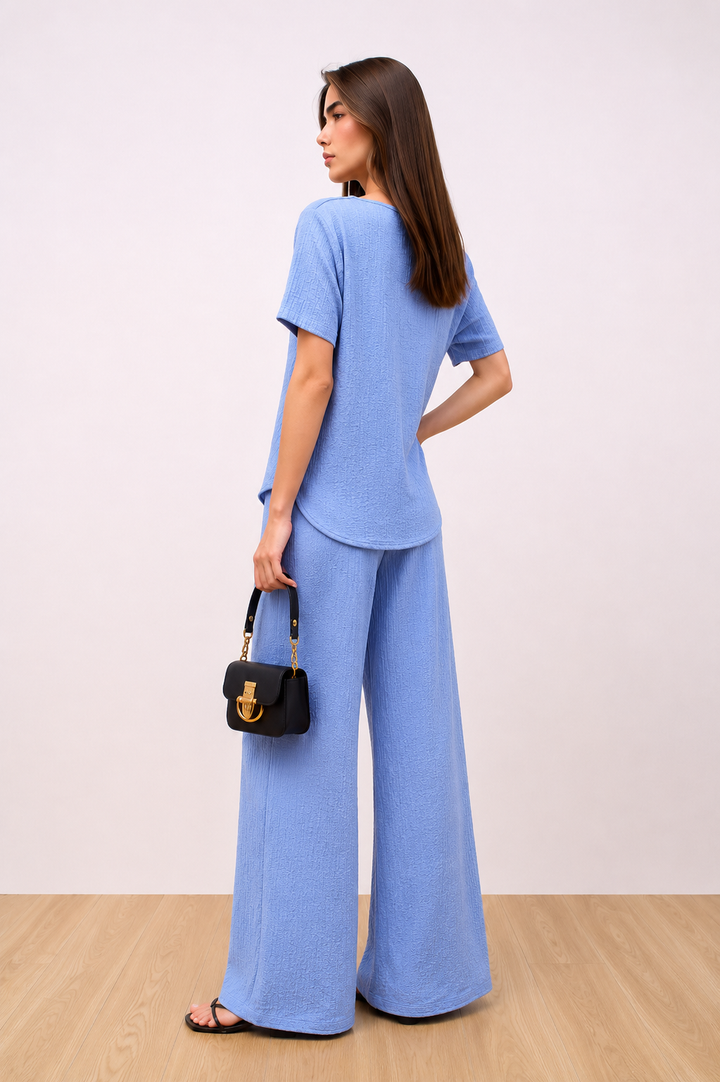 Blue Elegant Draped Co-Ord Set Wide Leg Trouser & Occasion Top Outfit