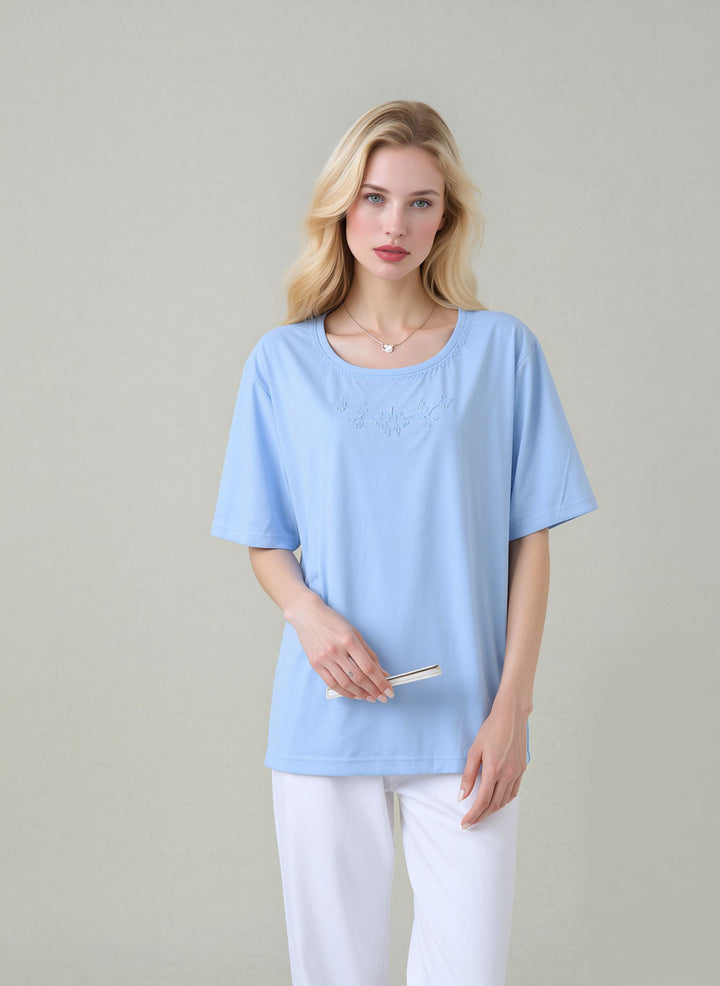 Blue Embroidered Round Neck T-Shirt Soft Casual Summer Top