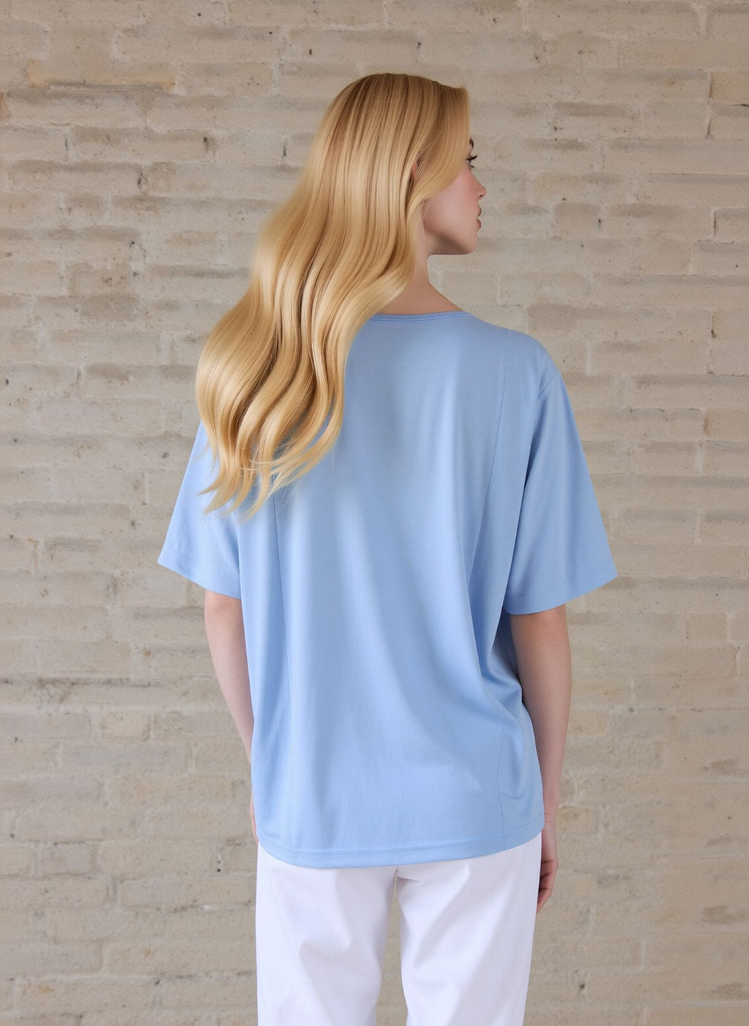 Blue Embroidered Round Neck T-Shirt Soft Casual Summer Top
