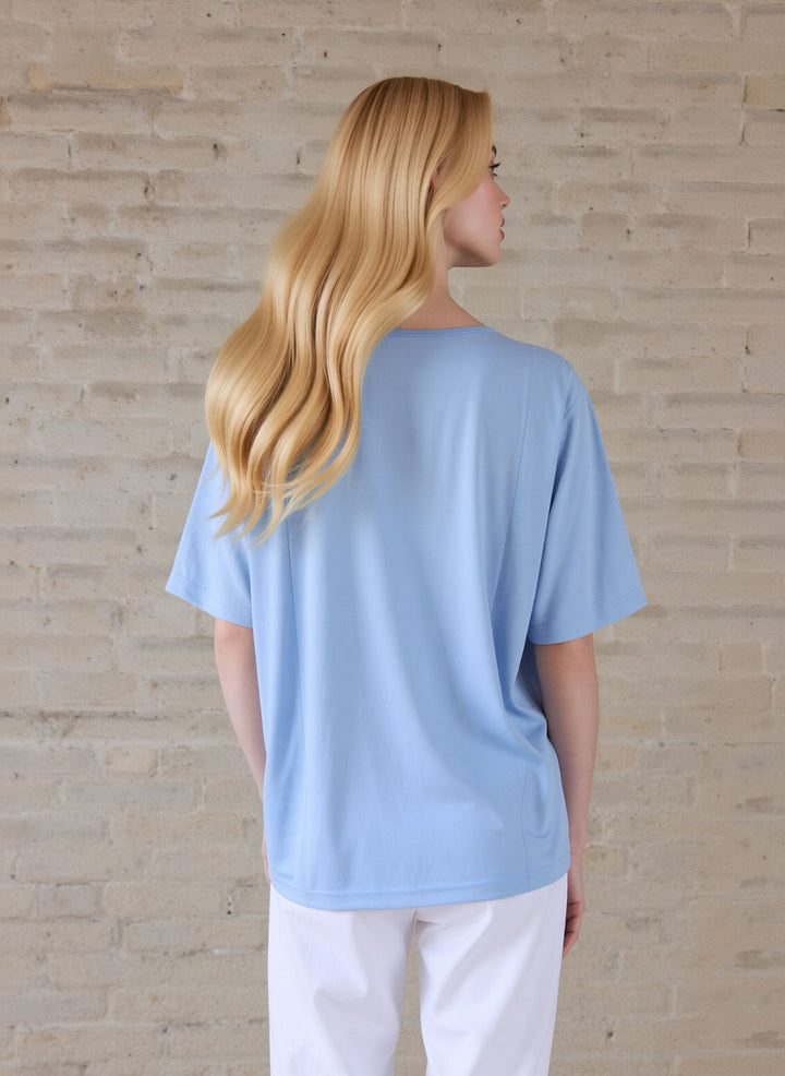 Blue Embroidered Round Neck T-Shirt Soft Casual Summer Top