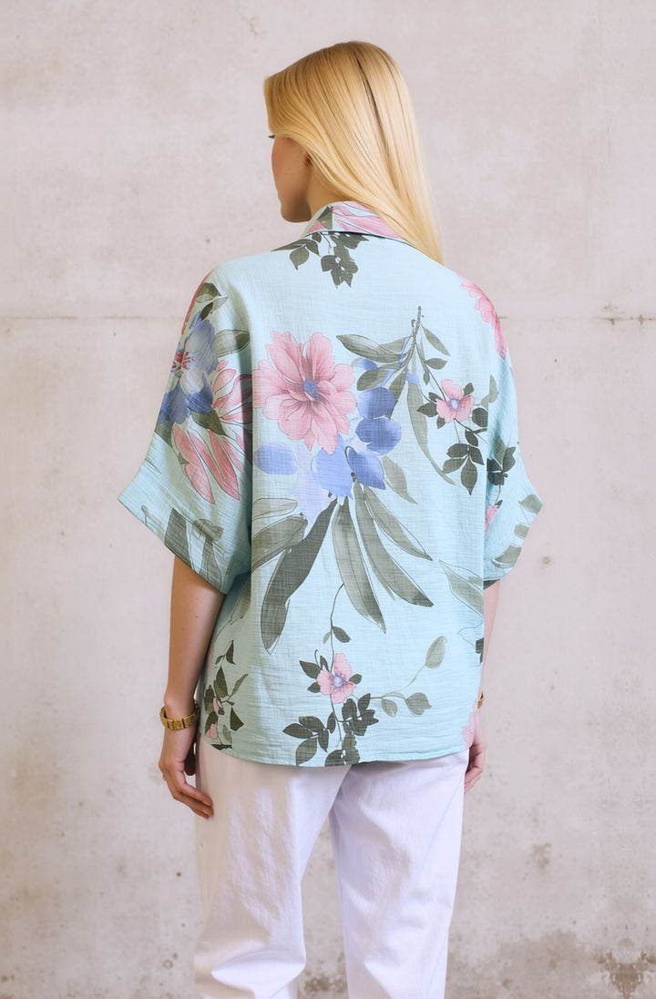 Blue Floral Cotton Button Lightweight Summer Shirt Top