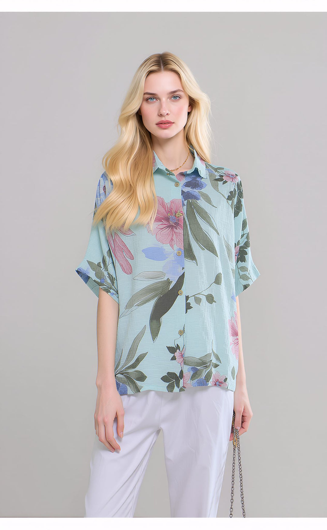 Blue Floral Cotton Button Lightweight Summer Shirt Top