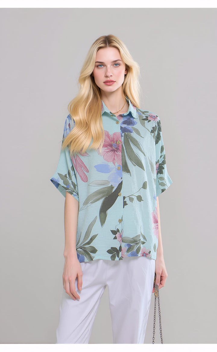 Blue Floral Cotton Button Lightweight Summer Shirt Top