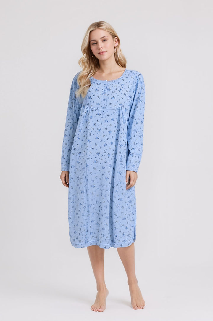 Blue Floral Long Sleeve Nightdress Soft Comfortable Sleepwear