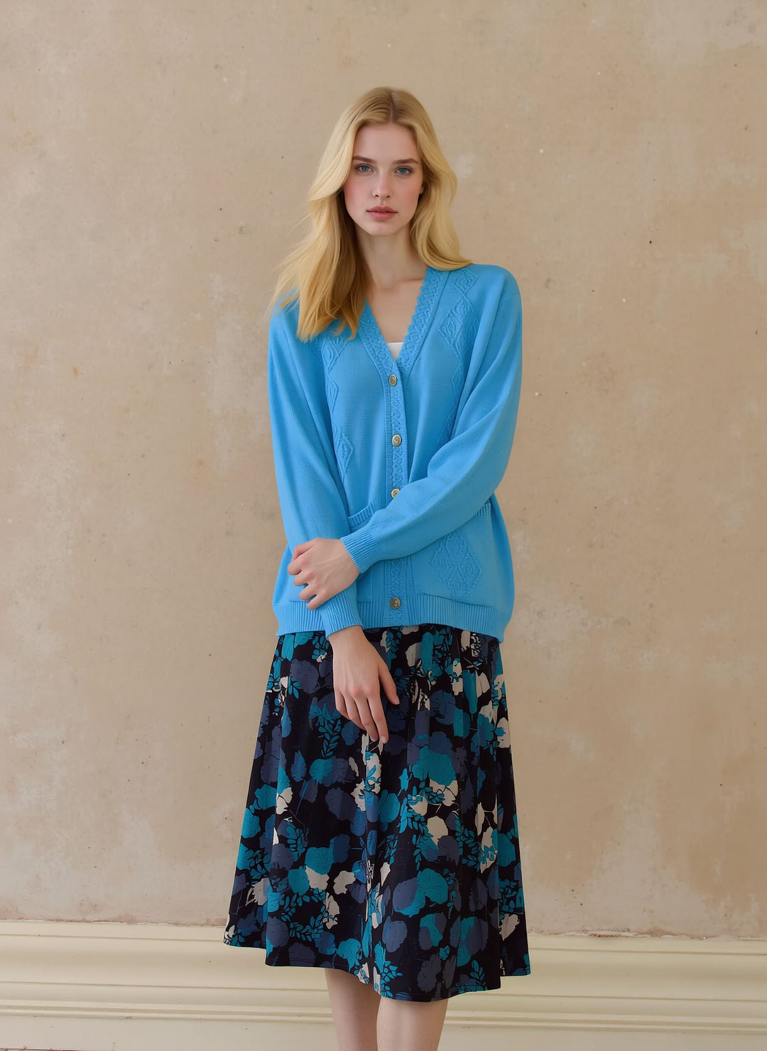Blue Floral Pull On Elasticated Skirt