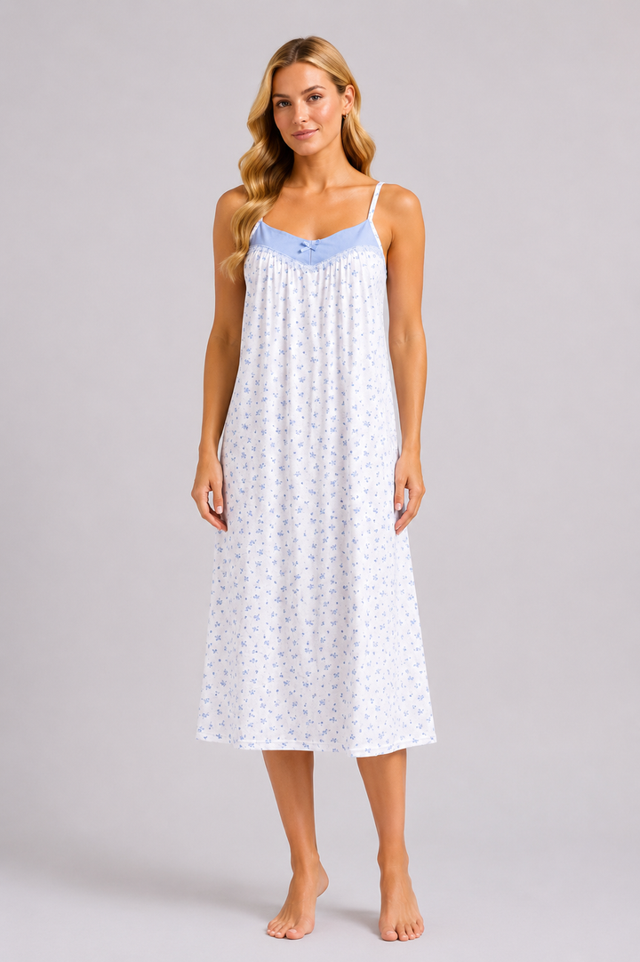 Blue Floral Sleeveless Strap Soft Lightweight Summer Nightdress