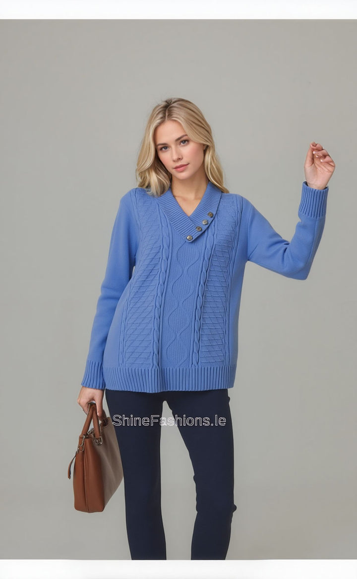 Blue Four Button Cable Knit Jumper