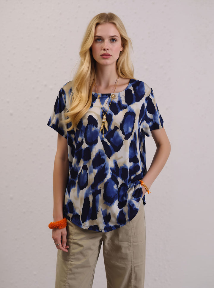 Blue Leopard Animal Print Short Sleeve Top with Necklace