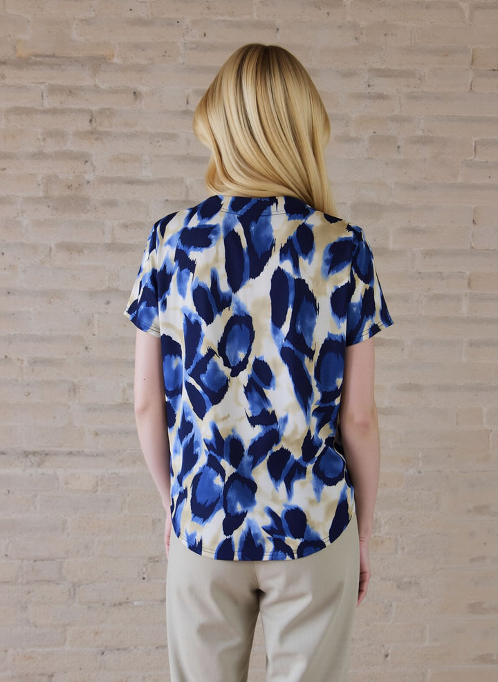 Blue Leopard Animal Print Short Sleeve Top with Necklace