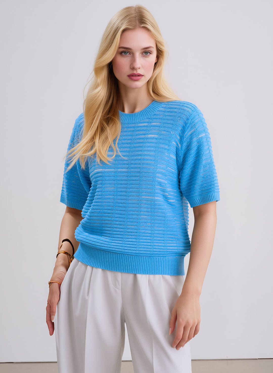 Blue Lightweight Knitted Short Sleeve Jumper