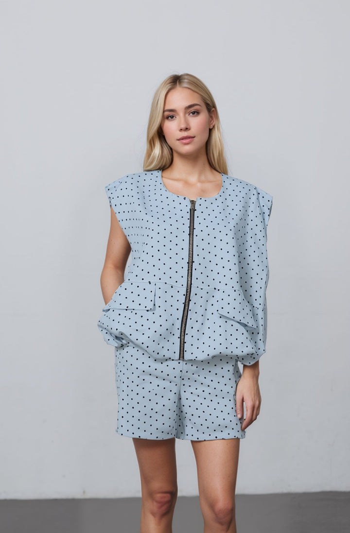 Blue Polka Dot Co-Ord Set Sleeveless Zip Front Top & Shorts Two Piece
