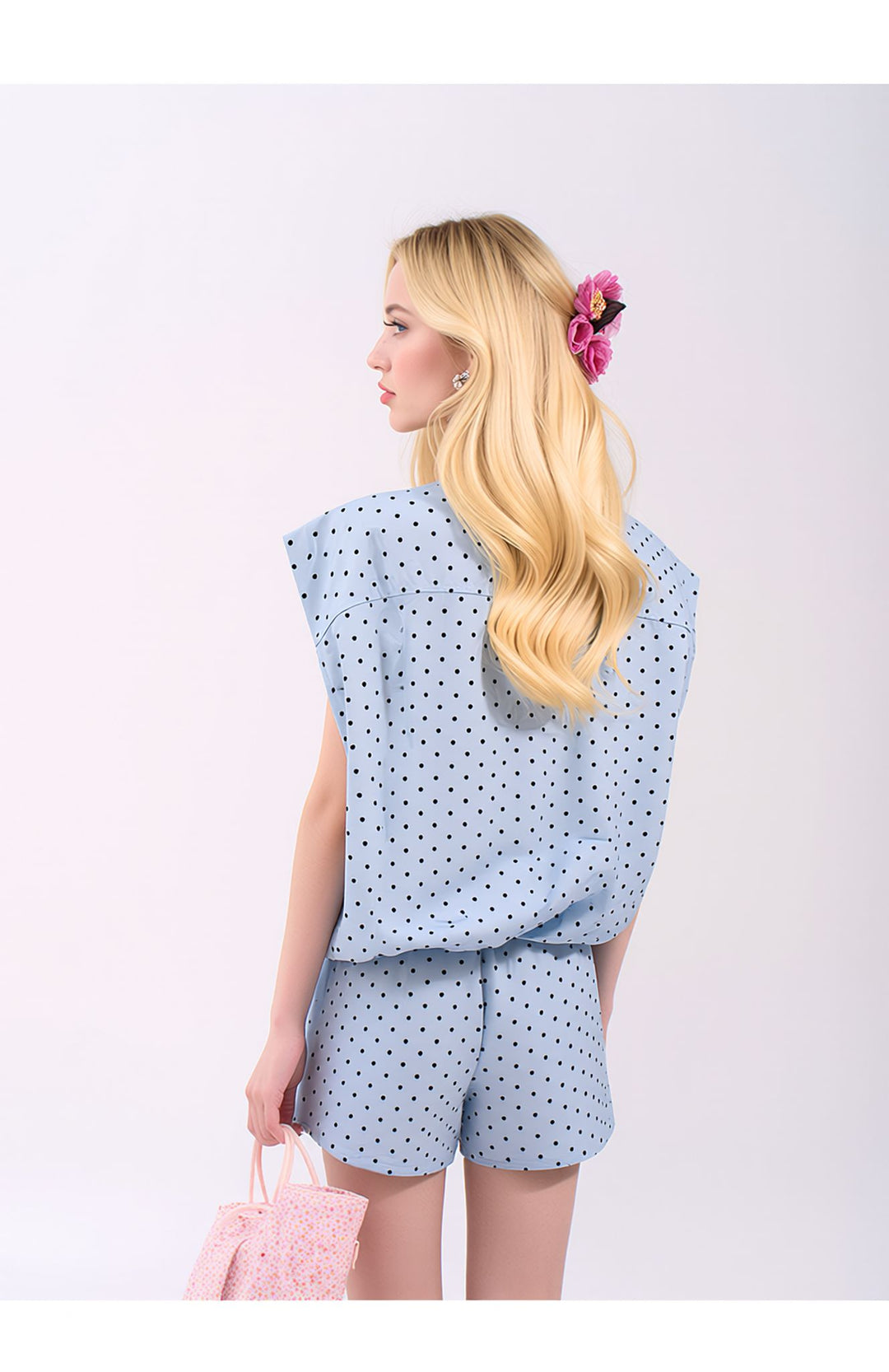 Blue Polka Dot Co-Ord Set Sleeveless Zip Front Top & Shorts Two Piece