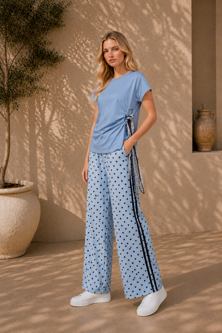 Blue Polka Dot Wide Leg With Side Stripe Trousers