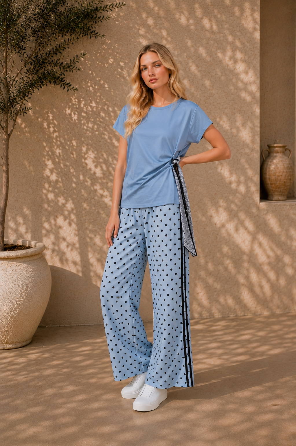 Blue Polka Dot Wide Leg With Side Stripe Trousers