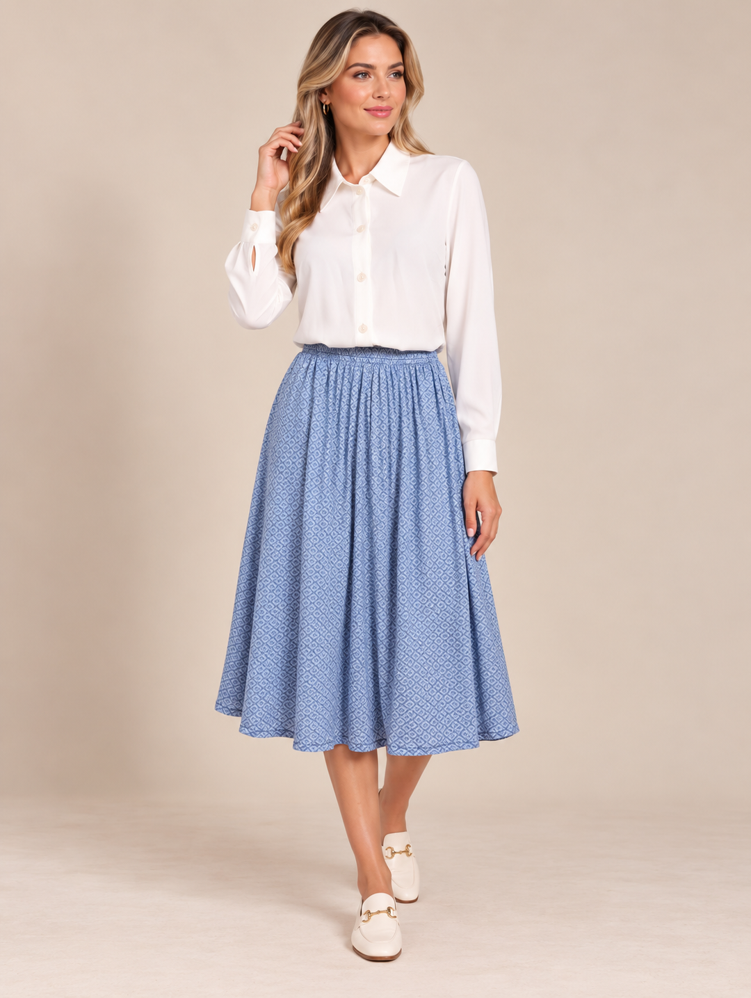 Blue Printed Pull On Elasticated Skirt