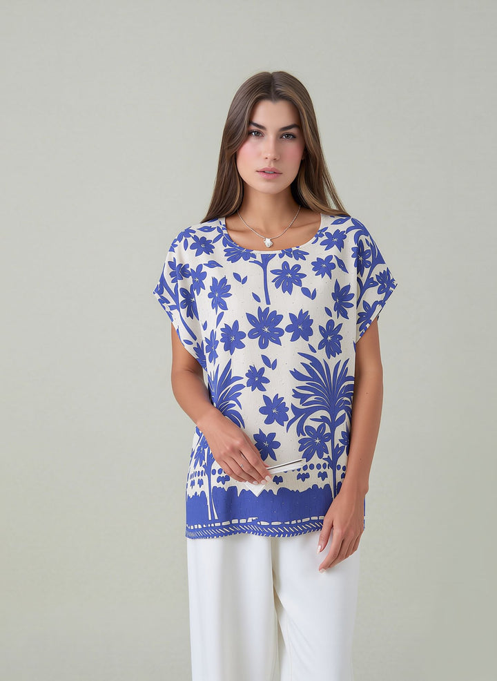 Blue Relaxed Fit Short Sleeve Tunic Top Lightweight Cotton Rich Casual Summer Shirt