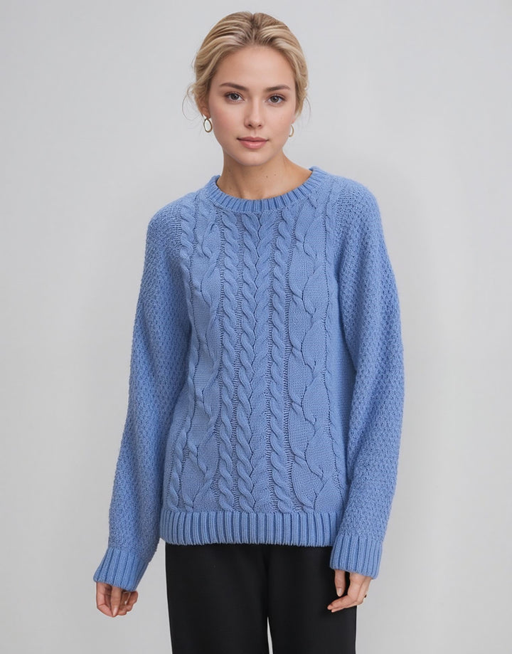 Blue Round Neck Cable Knit Aran Style Jumper