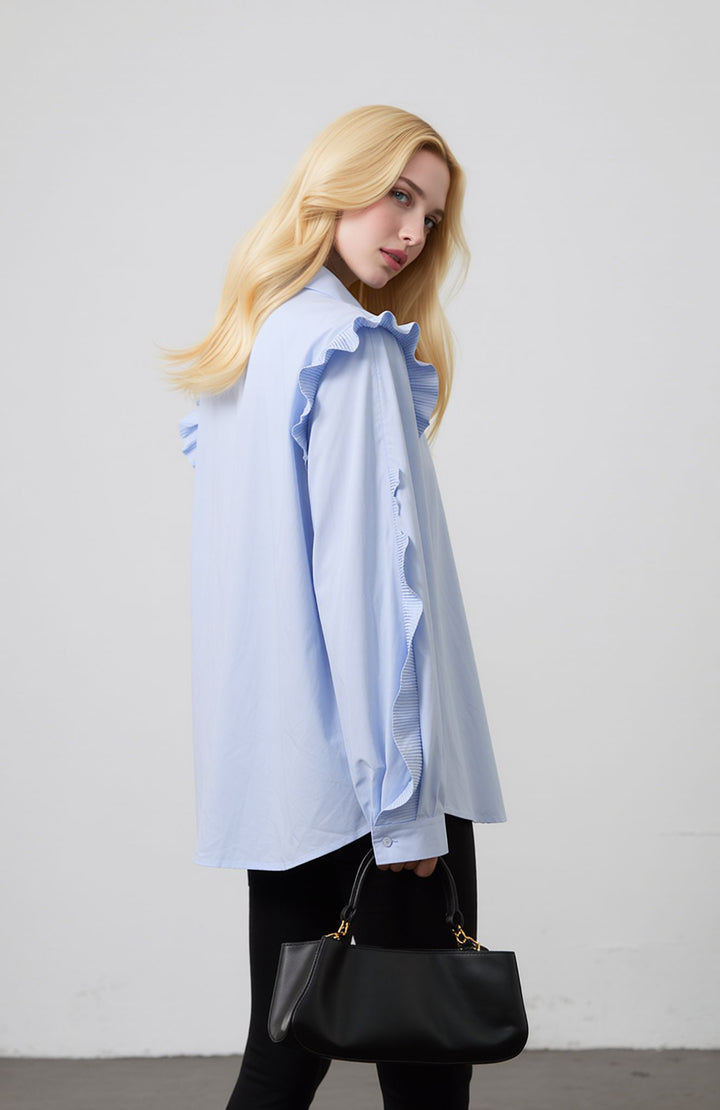 Blue Ruffle Sleeve Shirt Elegant Button Blouse