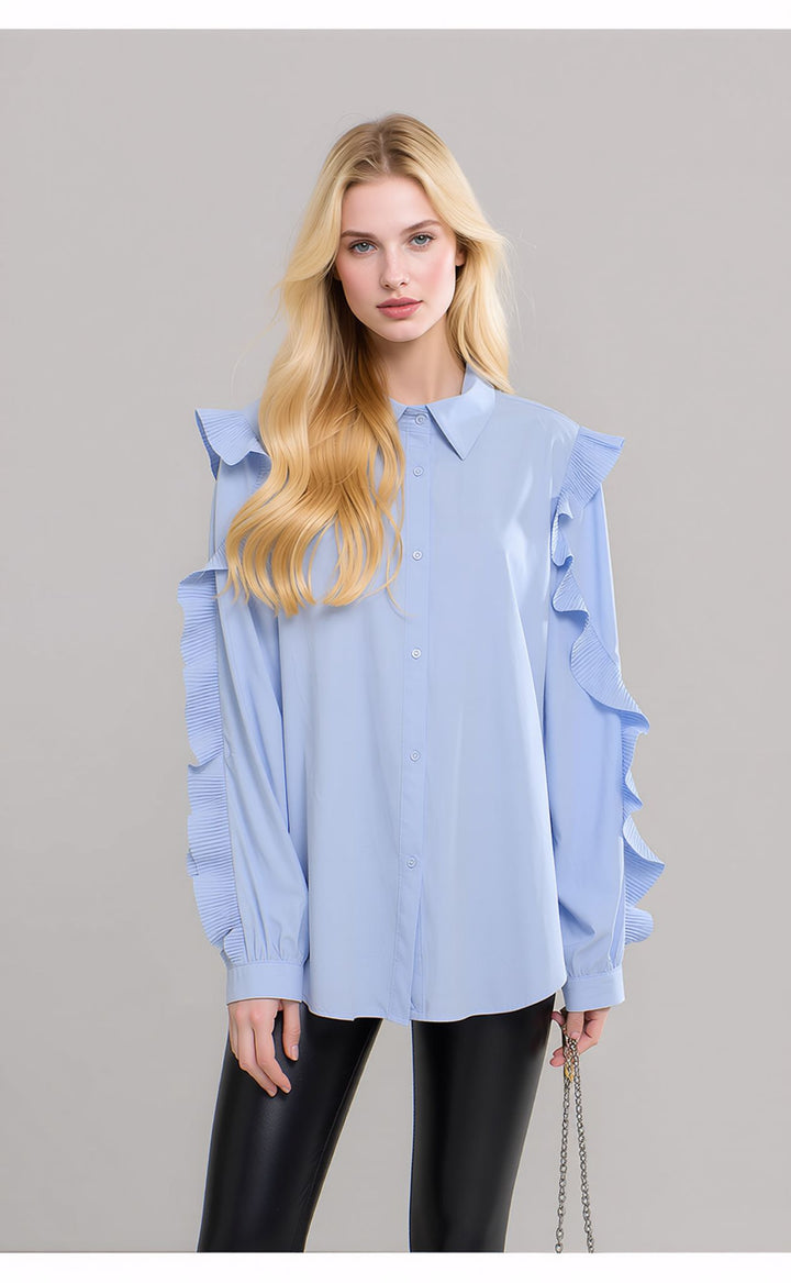 Blue Ruffle Sleeve Shirt Elegant Button Blouse