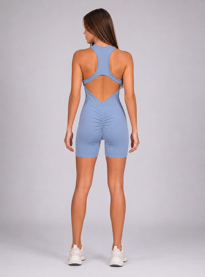 Blue Sleeveless Zip Front Active Gym Unitard Fitness Ruched Back Playsuit