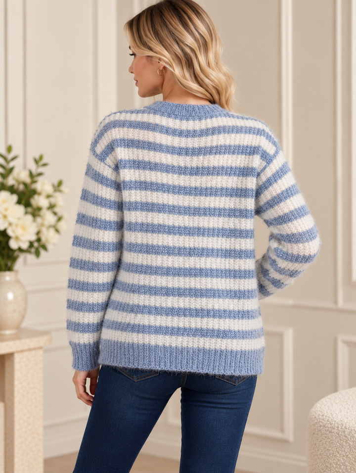 Blue Soft Fluffy Striped Crew Neck Knitted Jumper