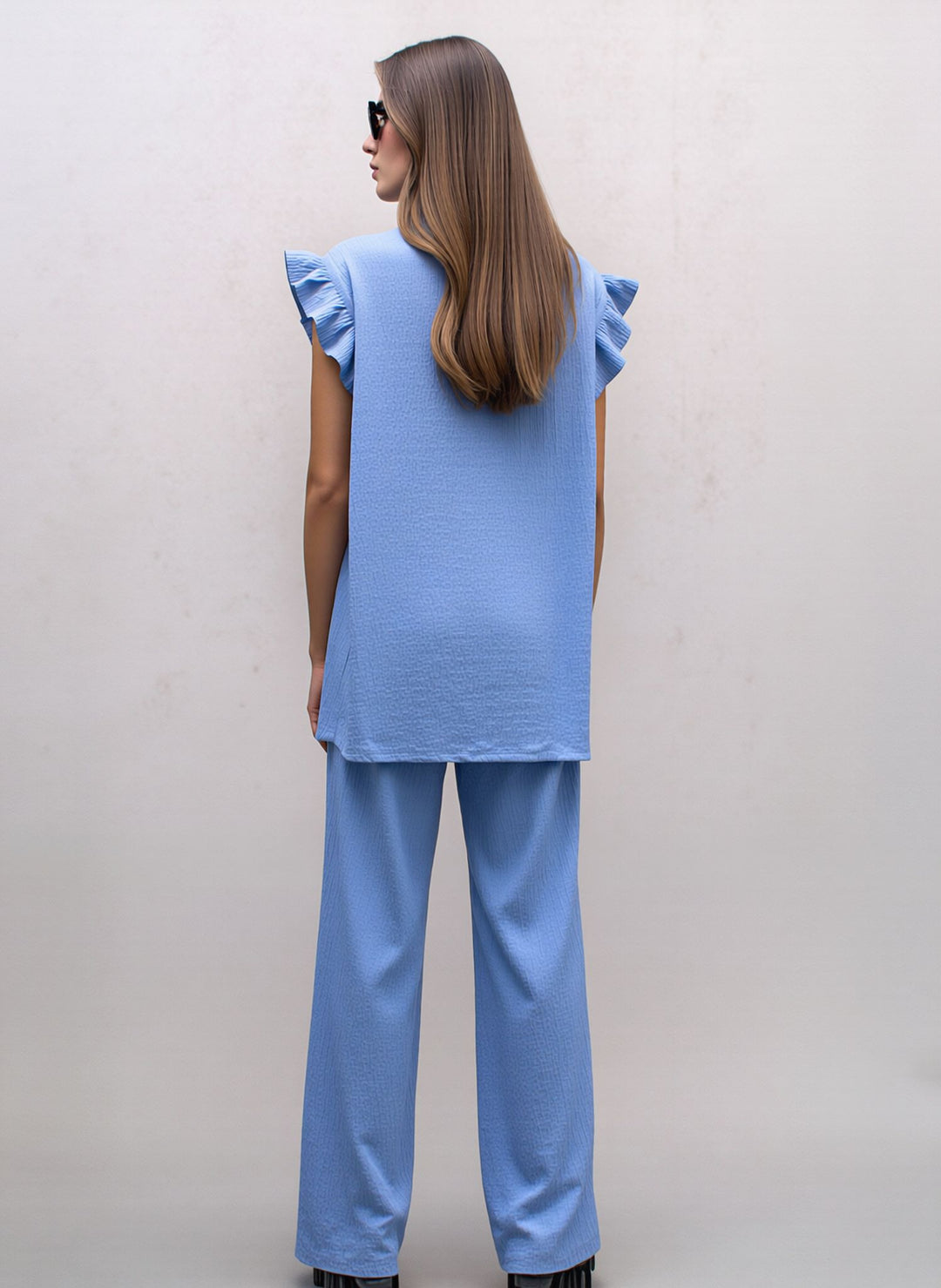 Blue Textured Frill Sleeve Co-Ord Lounge Set Wide Leg Trousers Two Piece Outfit