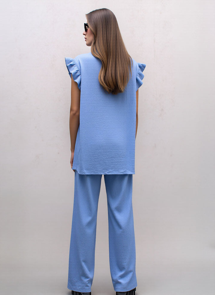 Blue Textured Frill Sleeve Co-Ord Lounge Set Wide Leg Trousers Two Piece Outfit