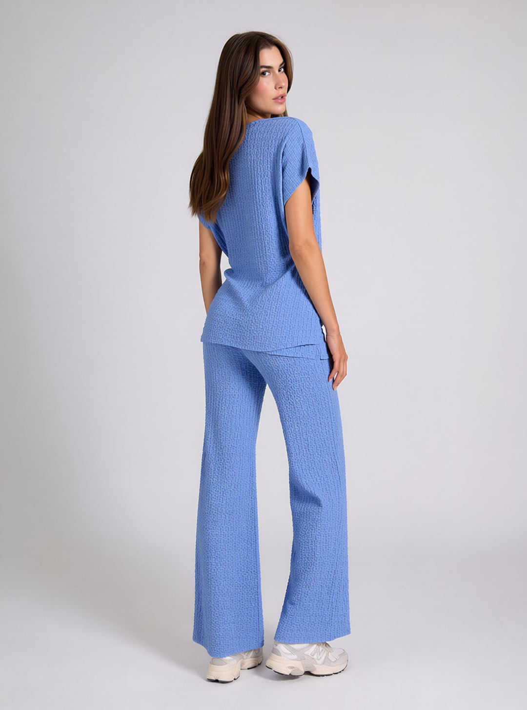 Blue Textured Side Scarf Tie Two Piece Trouser Set Short Sleeve Top & Wide Leg Trousers