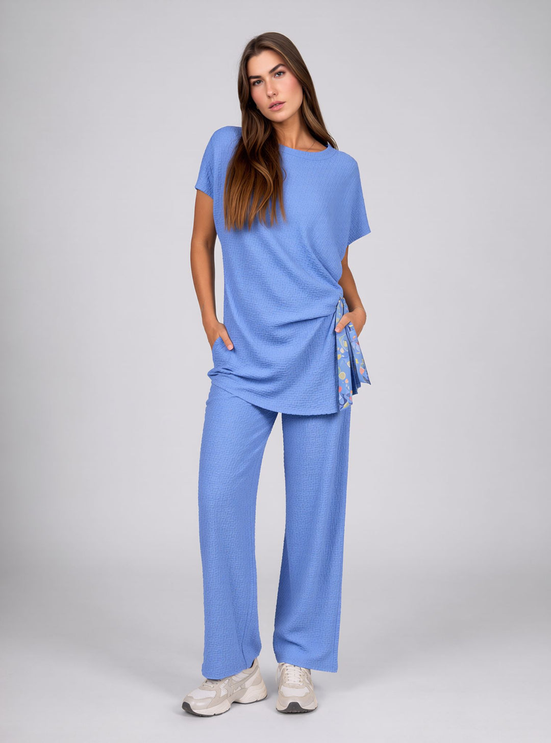 Blue Textured Side Scarf Tie Two Piece Trouser Set Short Sleeve Top & Wide Leg Trousers