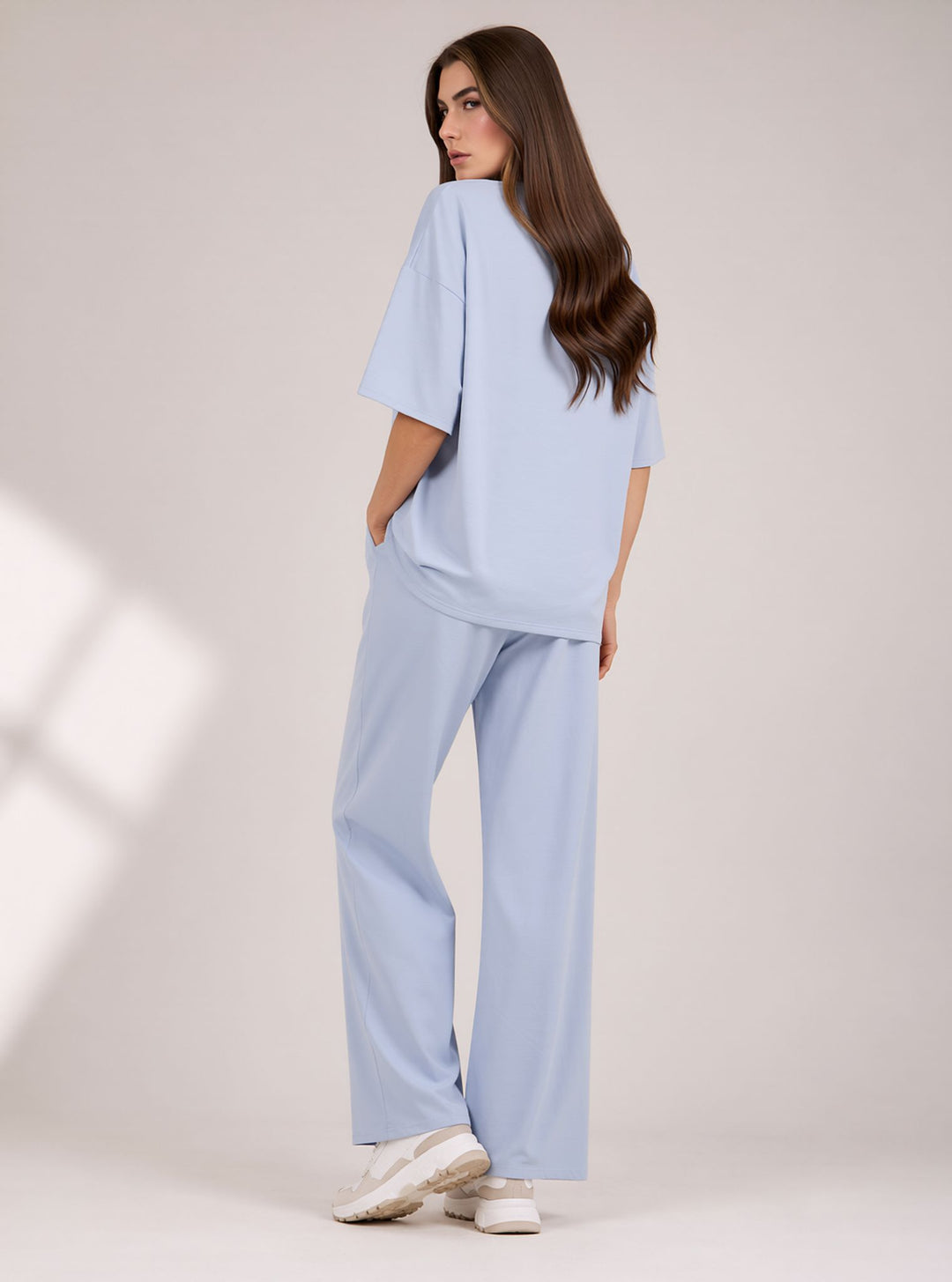 Blue Two Piece Co-Ord Set Oversize Top with Seam Detail Wide Leg Trousers