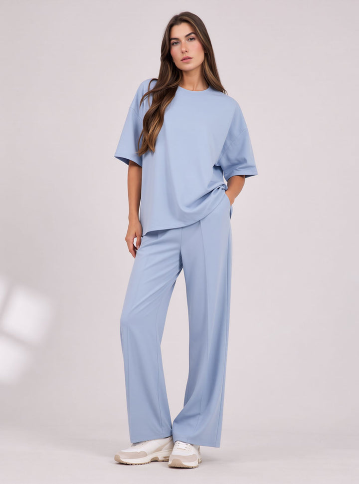 Blue Two Piece Co-Ord Set Oversize Top with Seam Detail Wide Leg Trousers