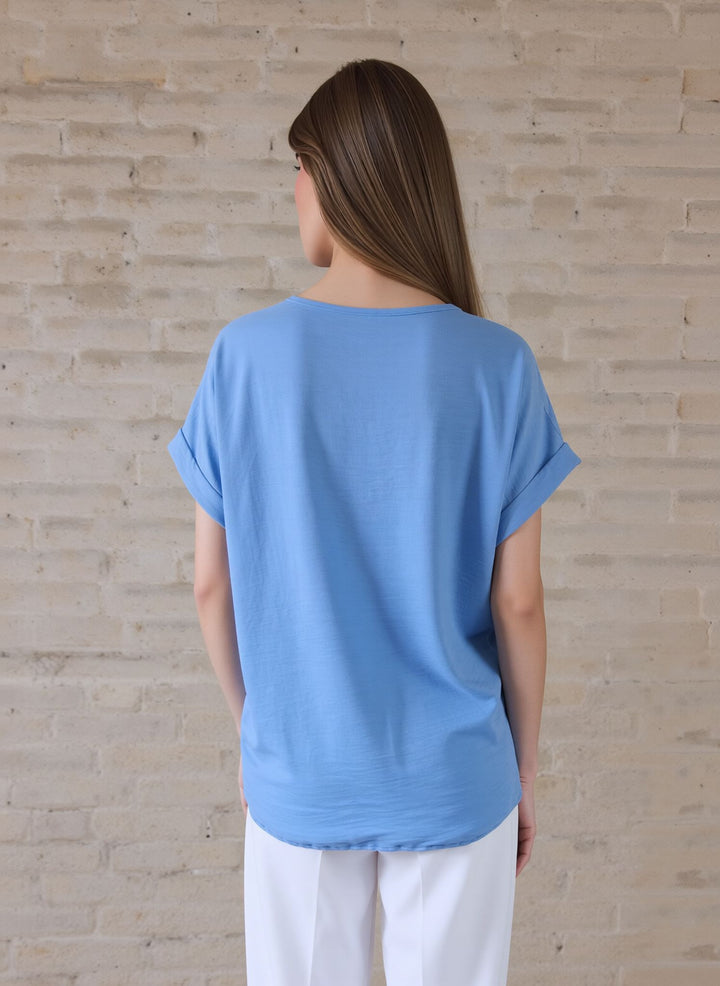 Blue V-Neck Batwing Top with Pendant Necklace Elegant Loose Fit Short Sleeve Blouse