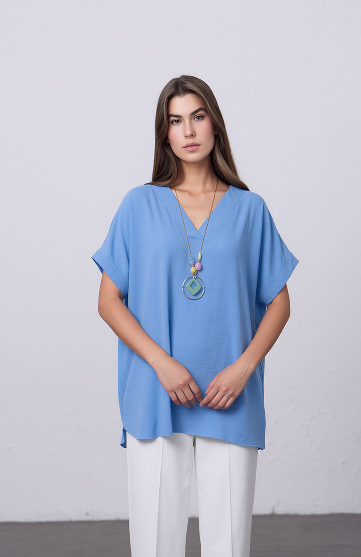 Blue V-Neck Batwing Top with Pendant Necklace Elegant Loose Fit Short Sleeve Blouse