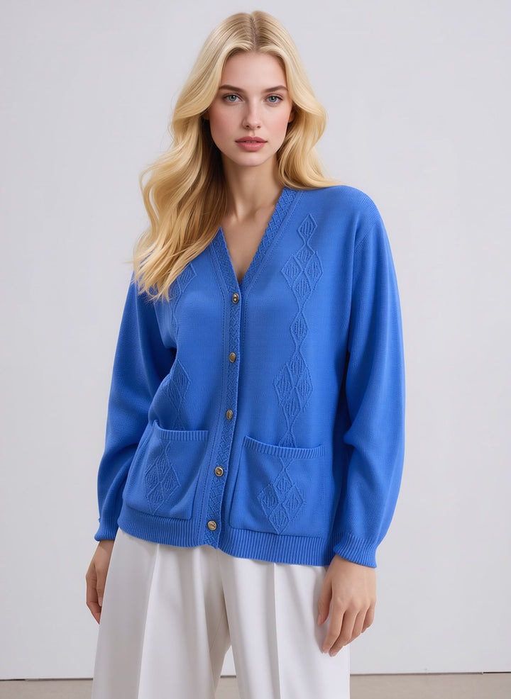 Blue V-Neck Pocket Button Up Cardigan