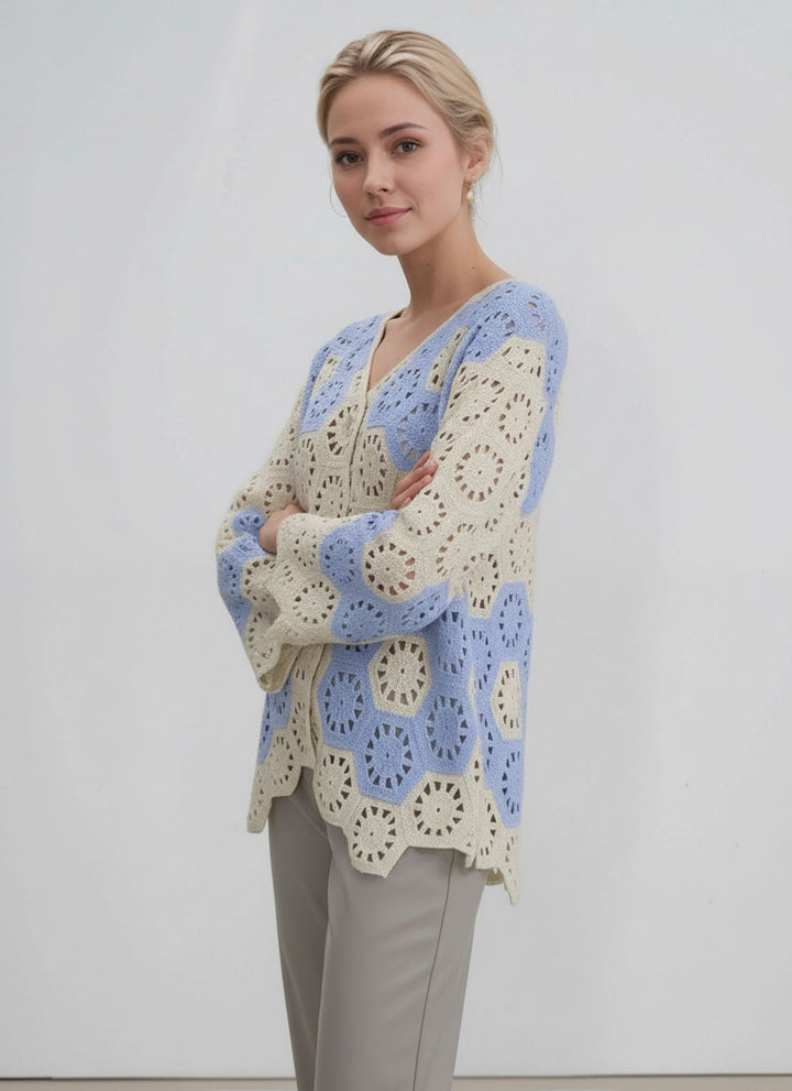 Blue & Cream Crochet Button Front Cardigan