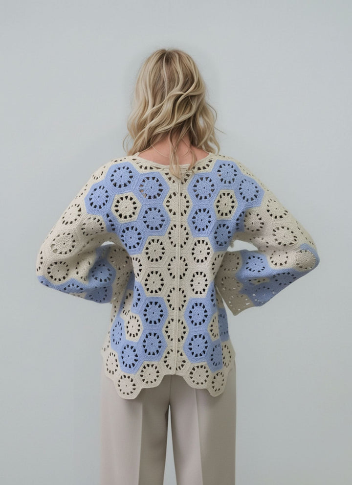 Blue & Cream Crochet Button Front Cardigan