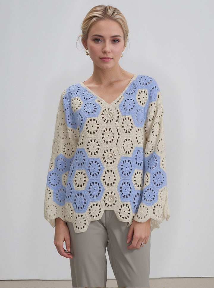 Blue & Cream Crochet Button Front Cardigan