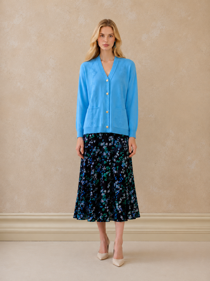 Blue & Green Floral Pull On Elasticated Skirt