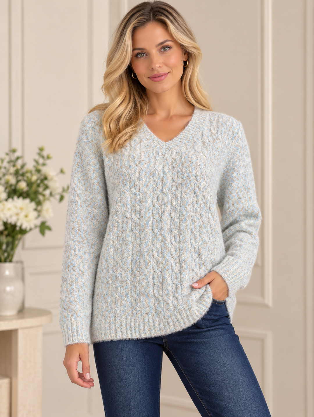 Blue & Green Mix Chunky Soft Knit V-Neck Jumper