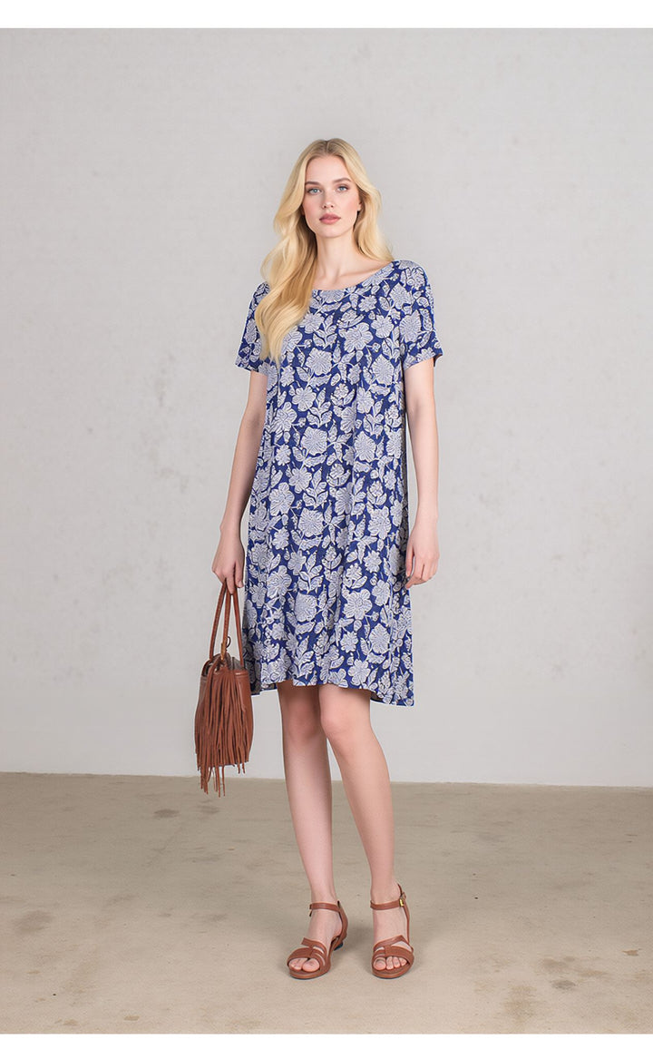 Blue & White Floral Print Swing Short Sleeve Casual Summer Midi Dress