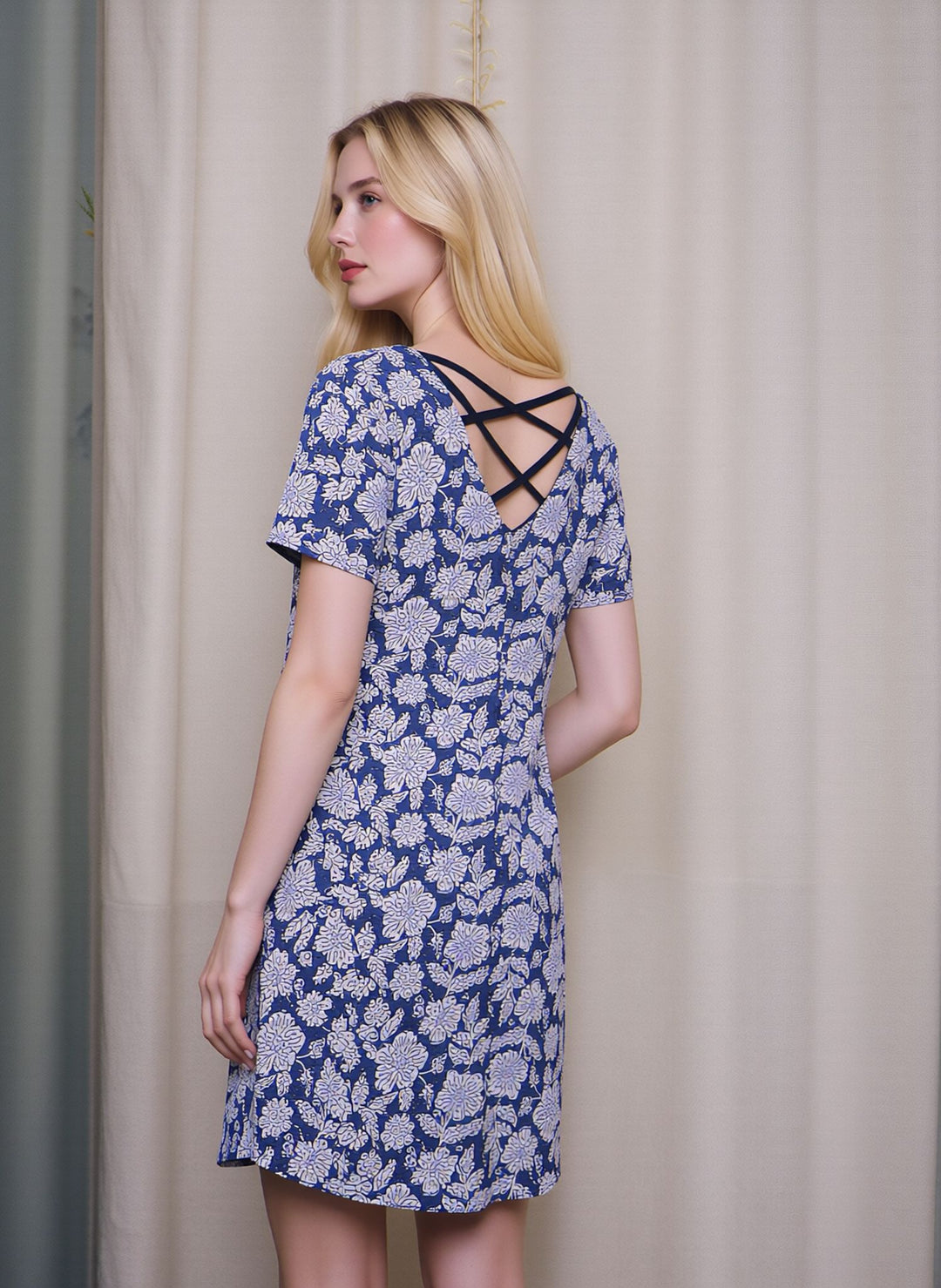 Blue & White Floral Print Swing Short Sleeve Casual Summer Midi Dress