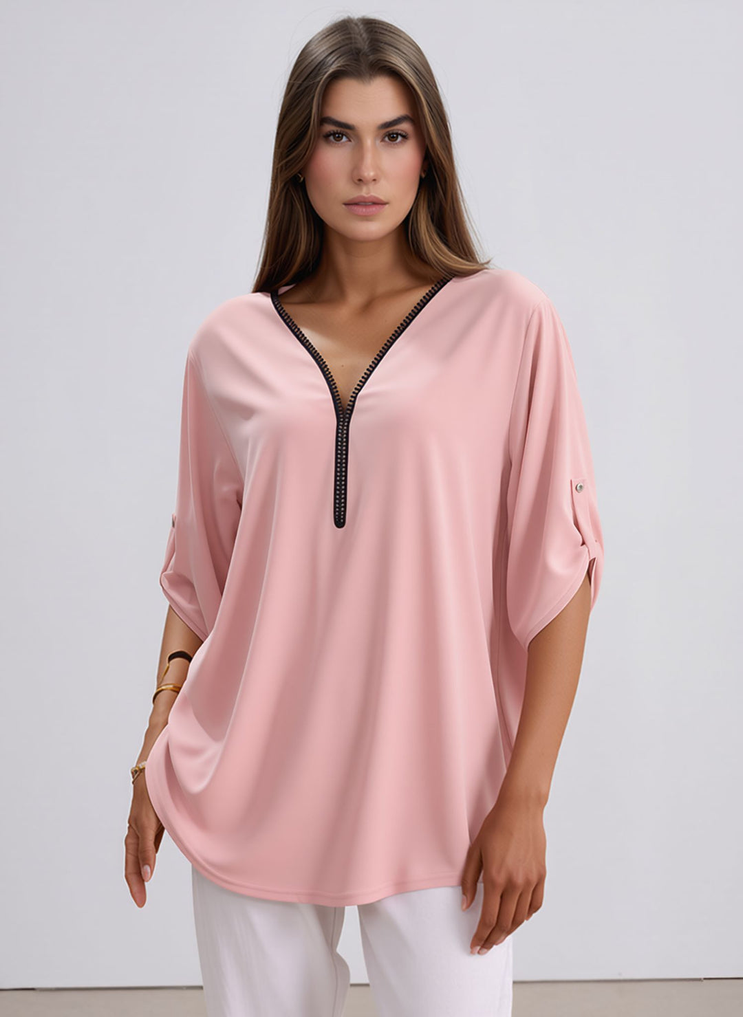 Blush Pink V-Neck Zip Detail Tunic Chic Top