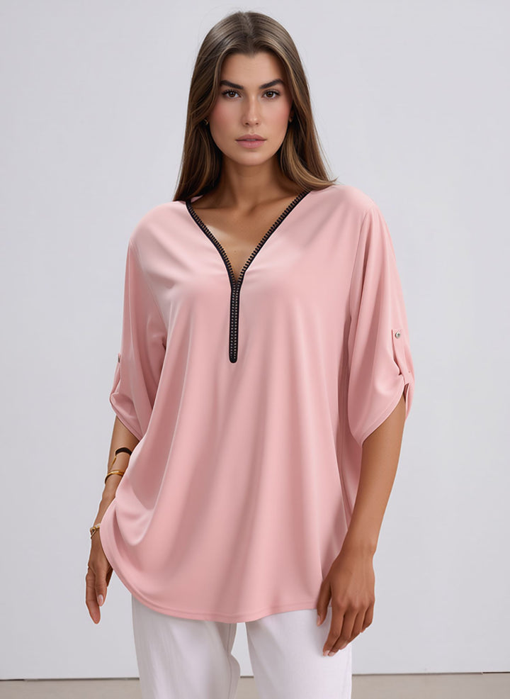 Blush Pink V-Neck Zip Detail Tunic Chic Top