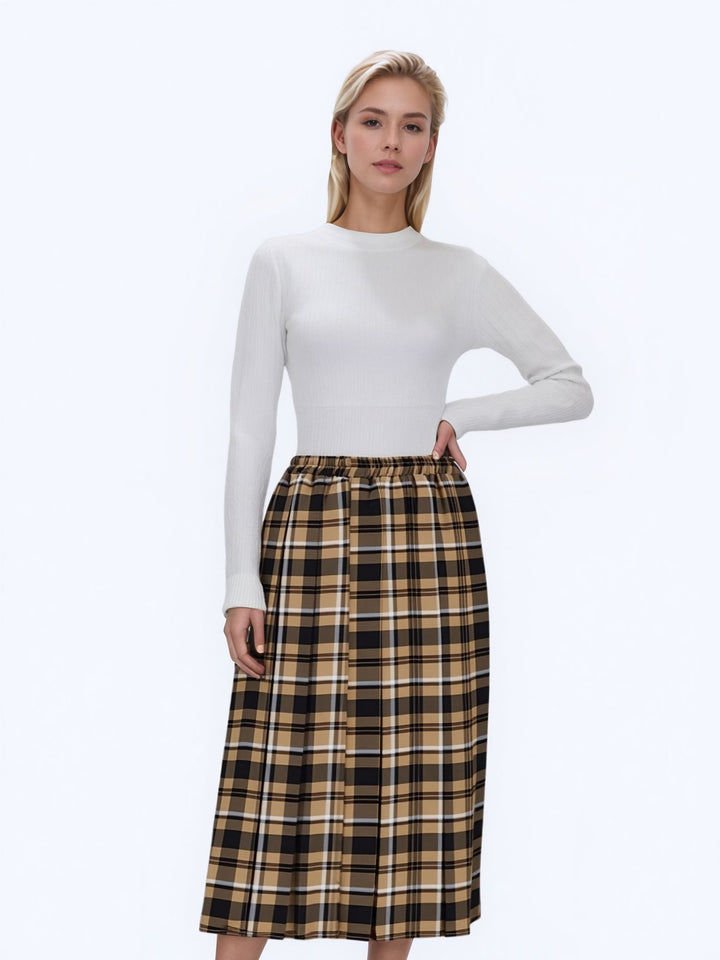 Brown Check Pleated Lined Elasticated Straight Skirt