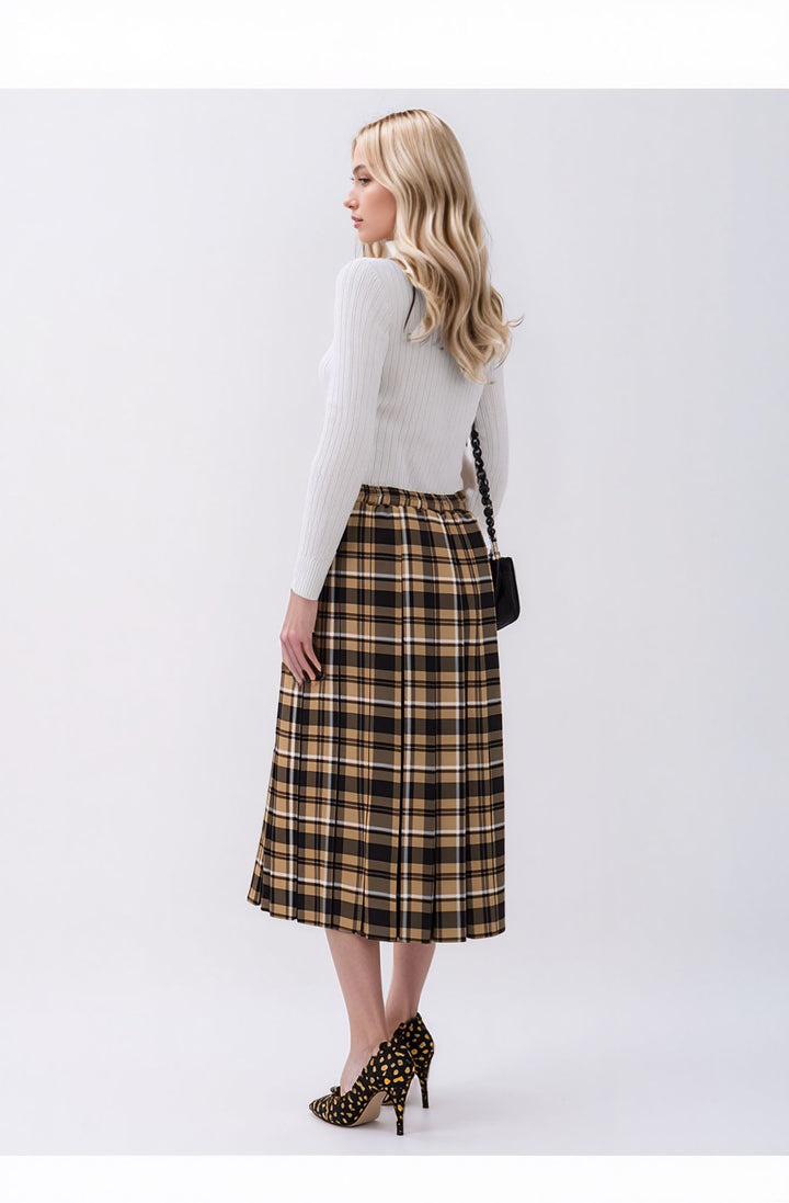 Brown Check Pleated Lined Elasticated Straight Skirt