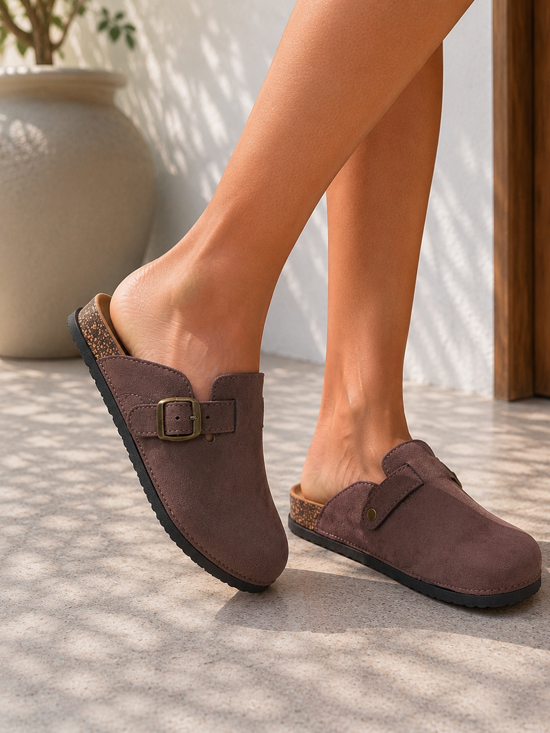 Brown Comfort Buckle Cork Footbed Clogs Slip-On Faux Suede Mules