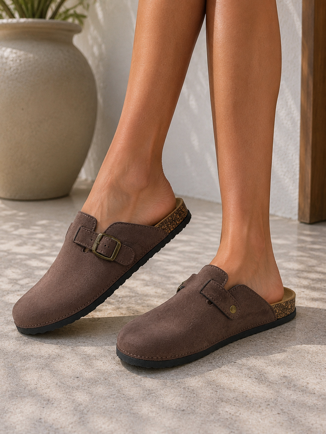 Brown Comfort Buckle Cork Footbed Clogs Slip-On Faux Suede Mules
