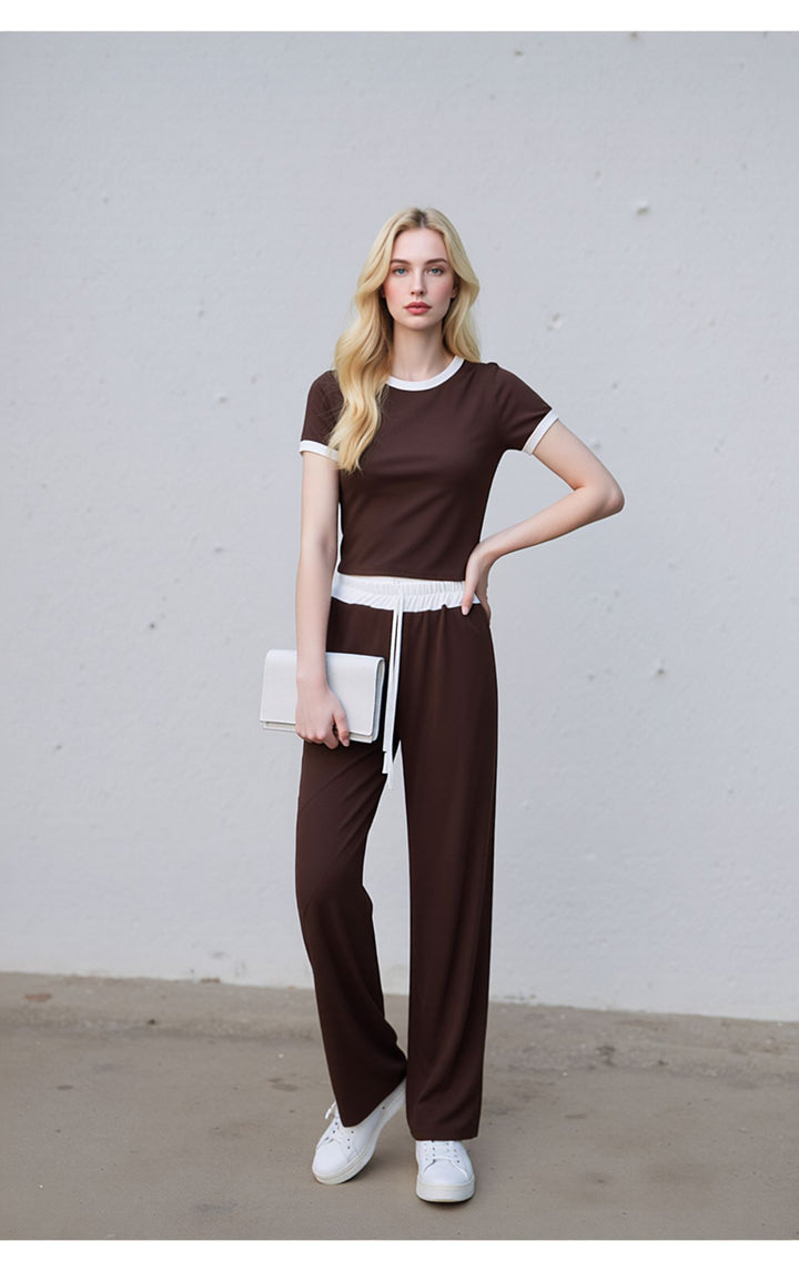 Brown Contrast Trim Lounge Set with Wide Leg Pants & Cropped T-Shirt Co-ord